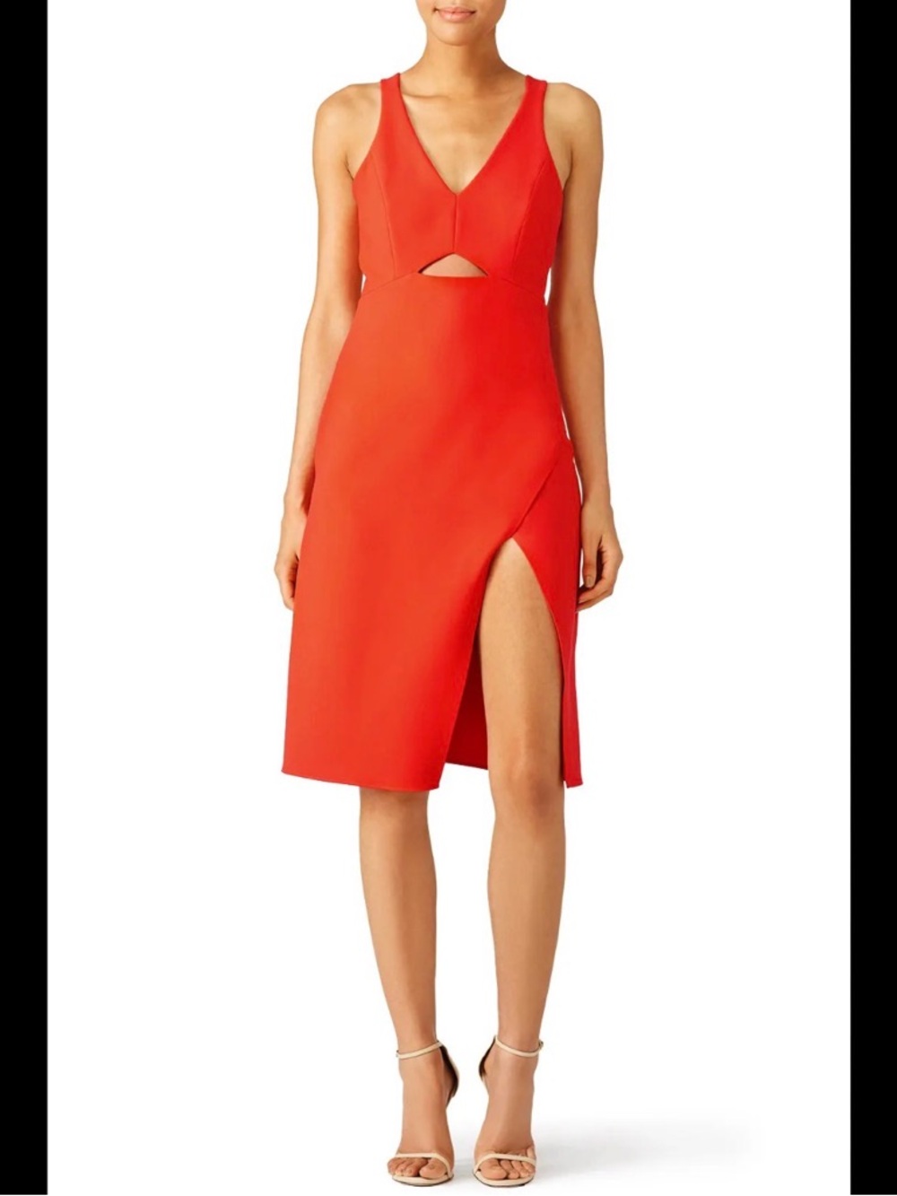 Halston Heritage Red V-Neck Midi Dress with Front Cutout and Side Slit NWT